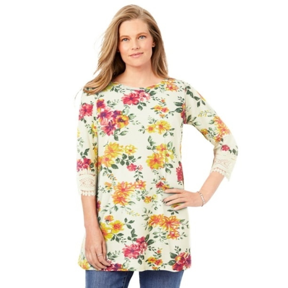 Woman Within Women's Plus Size Crochet-Trim Three-Quarter size 18/20